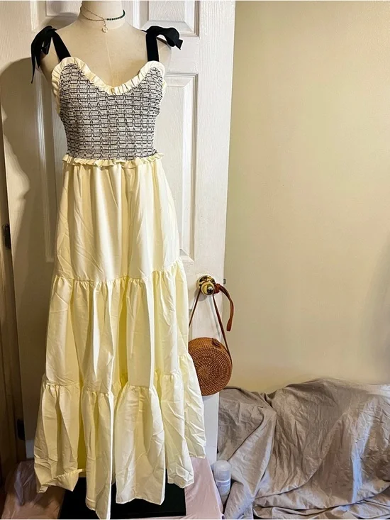 Amazon Smocked Tiered Ruffle Tie Shoulder Festival Cottagecore Peasant Dress S - Picture 4 of 11